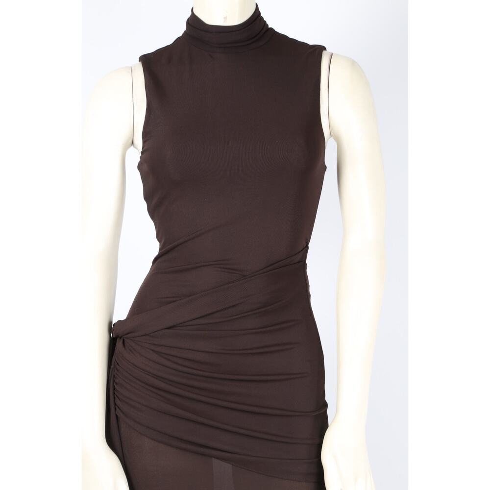 Ronny Kobo Chocolate Brown Stretch Mesh Mock Neck Draped Ruched Slit Maxi Dress